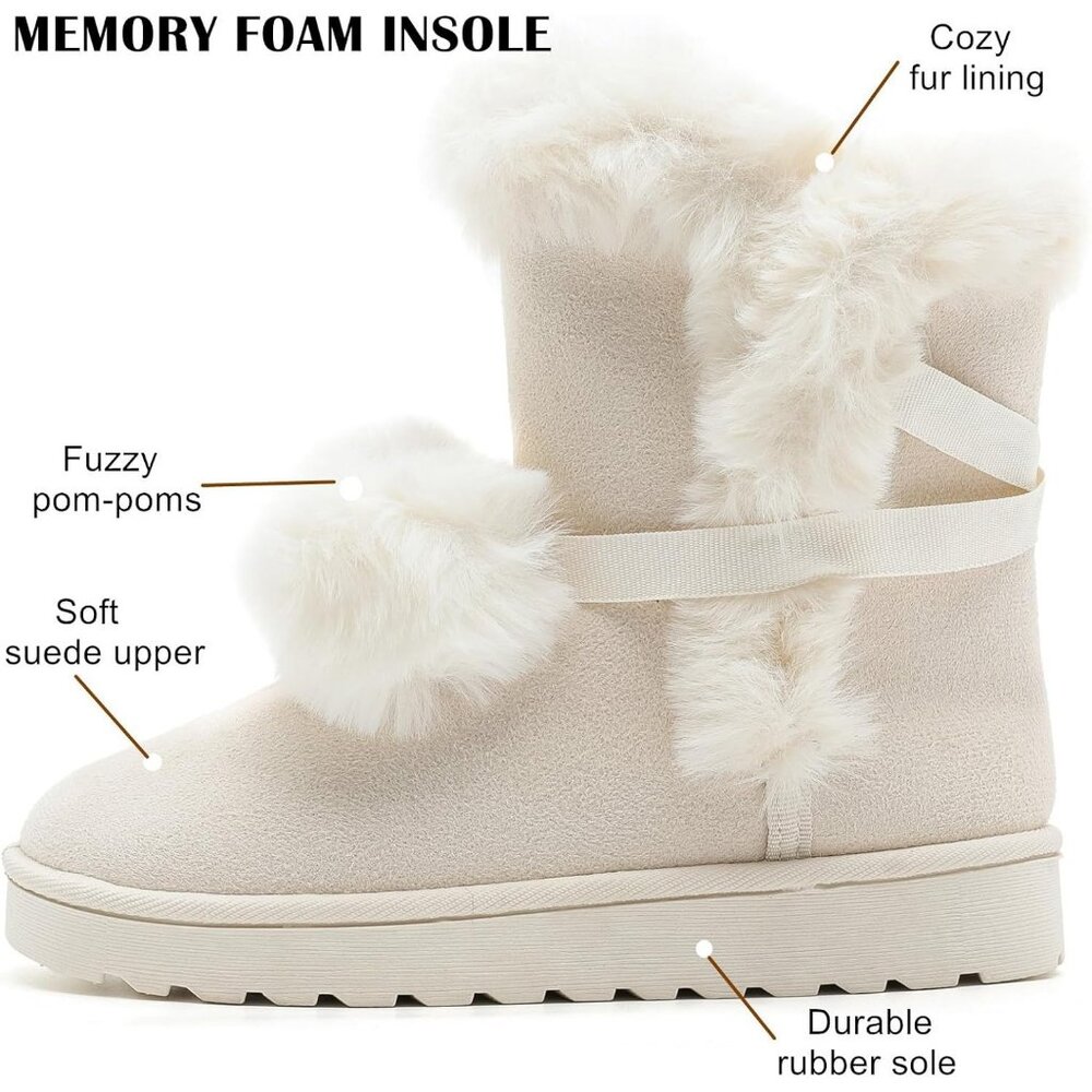 Women's Mid-calf Winter Snow Boots Lightweight Warm Faux Fur Booties Shoes White - Picture 4 of 7
